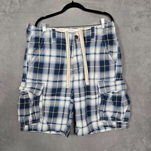 Abercrombie & Fitch Cargo Shorts Mens 34 Blue‎ Plaid Drawstring Y2K heavy twill